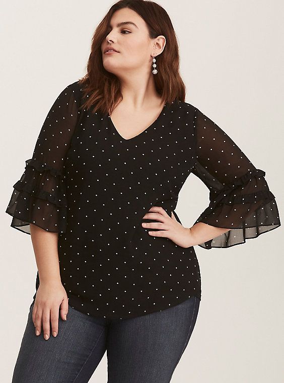 Crinkle Chiffon Ruffle Bell Sleeve Blouse | Polka dot print blouse .