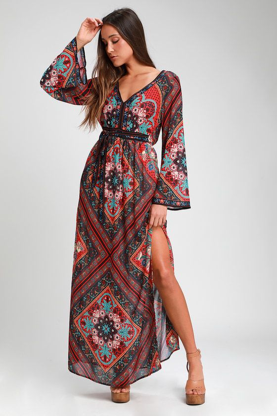 Serenade Red Multi Print Bell Sleeve Maxi Dress | Women long .