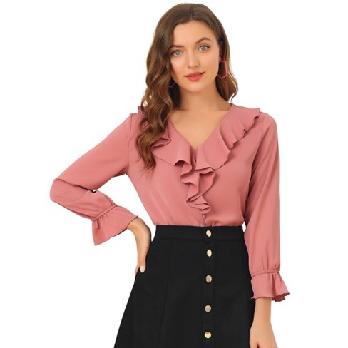 Allegra K Women's Office Work Ruffle V Long Sleeve Neck Chiffon .