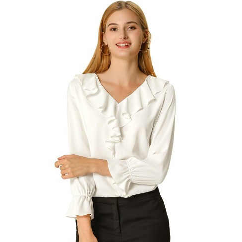 Allegra K Women's Office Work Ruffle V Long Sleeve Neck Chiffon .