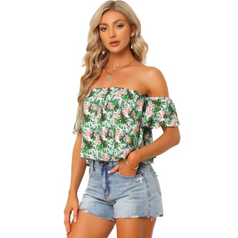 Allegra K Women's Off Shoulder Ruffle Sleeve Tropical Floral .