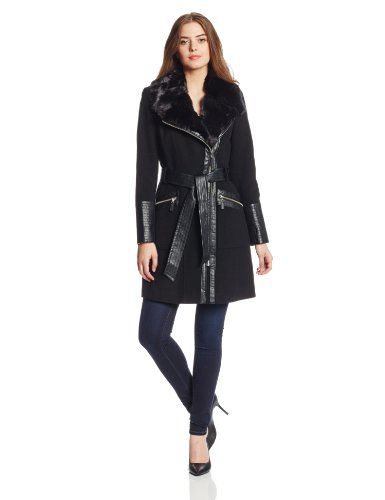 Via Spiga Womens Asymmetrical Zip Front Wool Coat with Faux Fur .