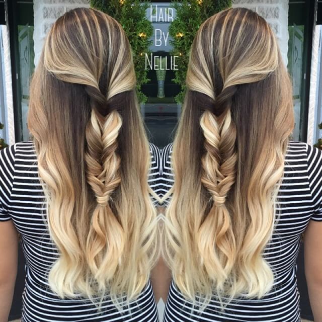 Beautiful balayage blonde with mermaid braid by Nellie Duclos .