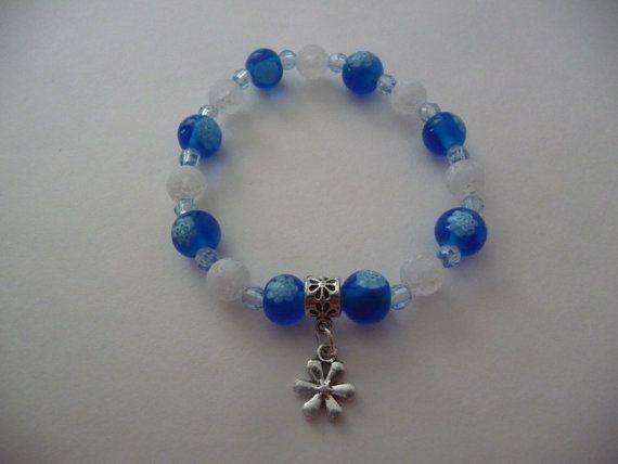 Blue and White Beaded Flower Charm Stretch Bracelet | Beaded .