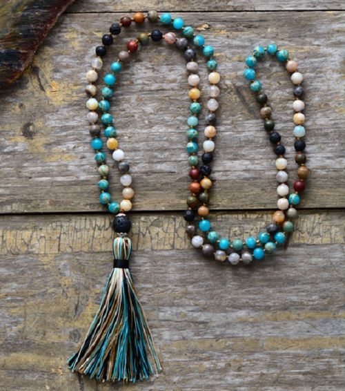 Long Beaded Tassel Necklace - 6MM Jaspers, Natural Black Lava .