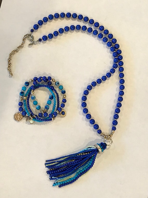 Boho Chic Long Beaded Necklace With Beaded Tassel & Bracelet - Et
