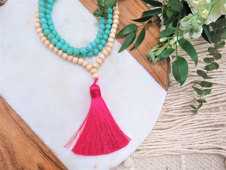 Turquoise Wood Beaded Tassel Necklace Beaded Tassel Necklace .