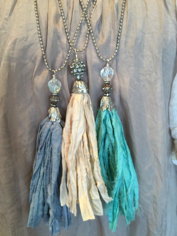 BoHo glam shabby chic sari silk tassel necklace simple versatile .