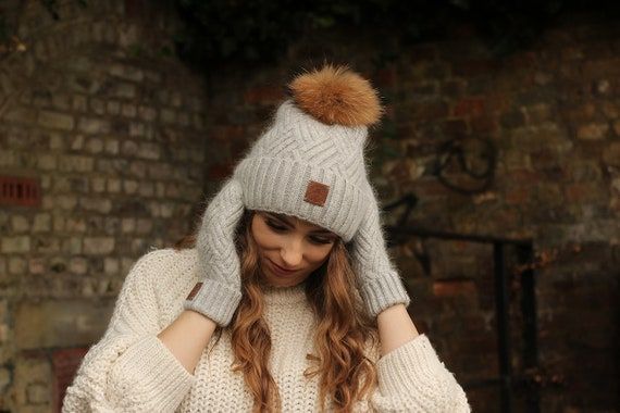 Cashmere Hat and Mittens Set Womens Winter Beanie Real Fur - Etsy .