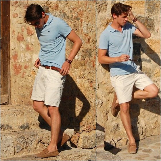 Scotsh And Soda Blue Polo, H Beige Short, Ray Ban Sunglasses .