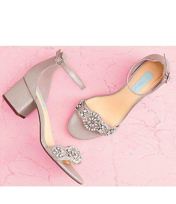 Blue by Betsey Johnson Mel Bejeweled Satin Ankle Strap Block Heel .