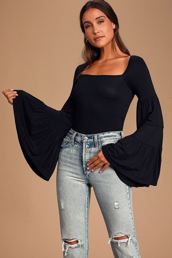 Babetown Black Bell Sleeve Top | Black bell sleeve top, Top .