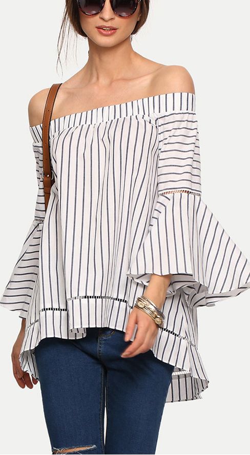 SHEIN Bardot Bell Sleeve Vertical Striped Blouse | Fashion .
