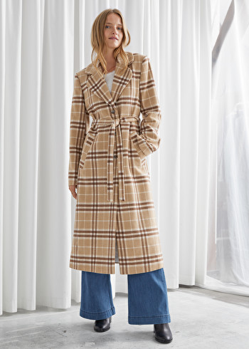 Belted Wool Blend Coat - Brown Checks - Woolcoats - & Other .