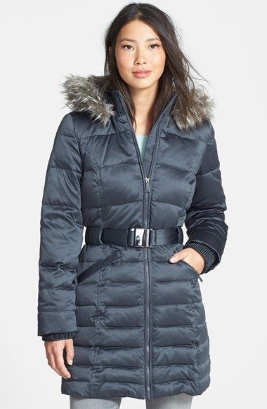 DKNY Faux Fur Trim Belted Hooded Quilted Walking Coat | Nordstrom .