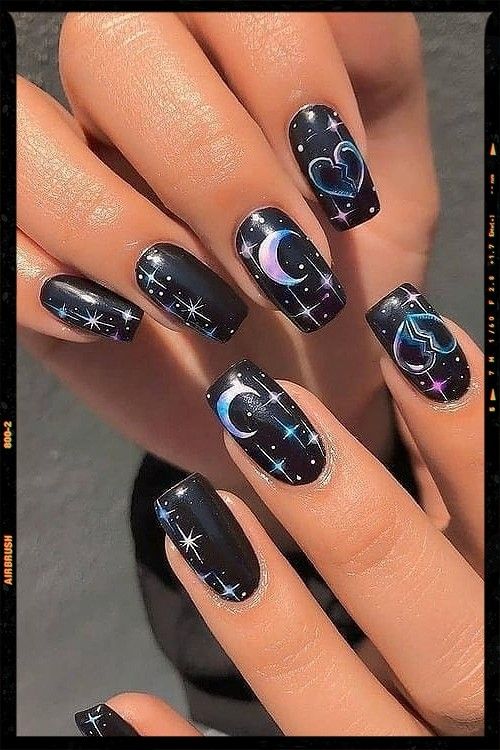 Black Nails | Moon nails, Star nail designs, Pretty nail art desig