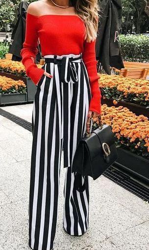 Black and White Stripe Palazzo Pants for Casual Outfit for Fall .