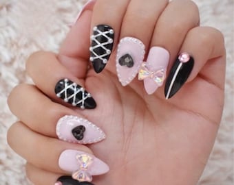 Black Pink Press on Nails Kawaii Nails Cute Nails - Et