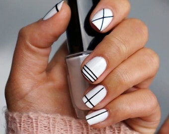 Glossy White With Lines Press on Nails Short Square False - Et