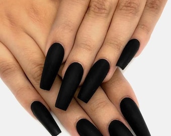 Black Matte Coffin Glue on Nails Long Coffin Stiletto - Et