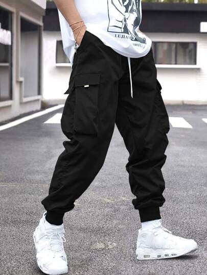 Men Drawstring Waist Cargo Pants | Black outfit men, Cool outfits .