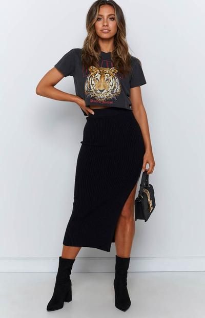 Laurena Knit Midi Skirt Black | Knit midi skirt, Fashion outfits .
