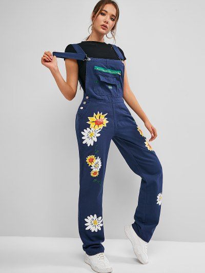 Zippered Pocket Floral Overalls Denim Jumpsuit COBALT BLUE .
