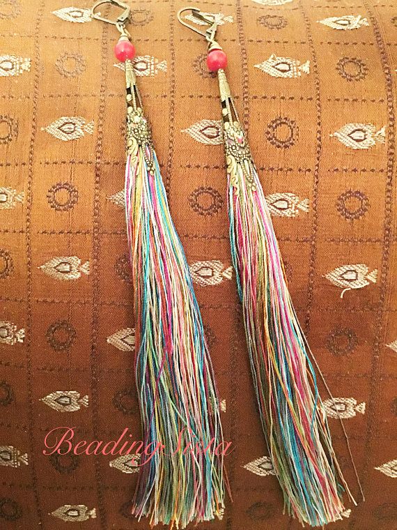 Tassel Rainbow Silk Thread Earrings Brass Caps Coral - Etsy .