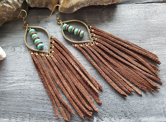 Leather earrings. Turquoise earrings. Bronze earrings. Bohemian .