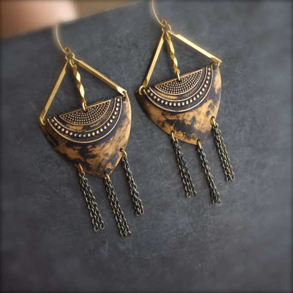 Black Patina Dangle Drop Chandelier Earrings Gold Shield Brass .