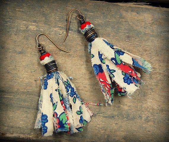 Bohemian Tassel Earrings Vintage Fabric by PrimitiveFringe on Etsy .