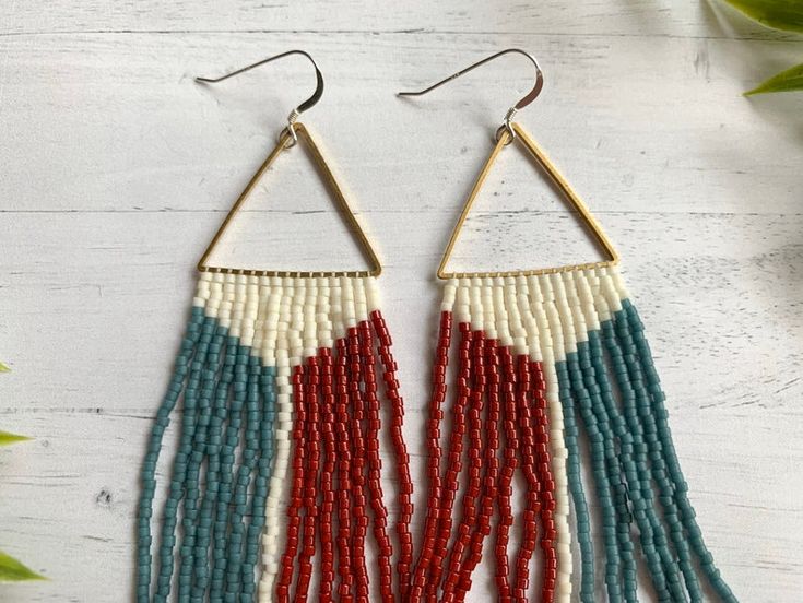 Chevron Raw Brass Beaded Fringe Earrings Blue Red Ivory Seed .