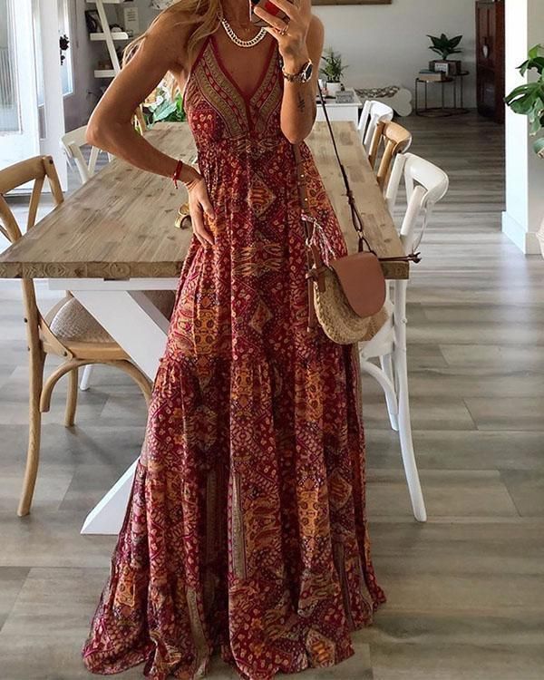 Print Sleeveless A-line Casual/Boho/Vacation Maxi Dresses | Moda .