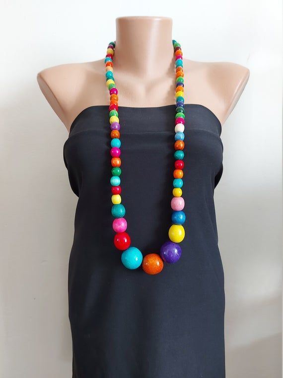 Multicolor Wooden Necklacebig Bold Bead Colorful - Etsy | Large .