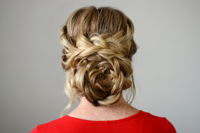 Flower Braid Updo | Long hair styles, Hair styles, Prom hairstyles .