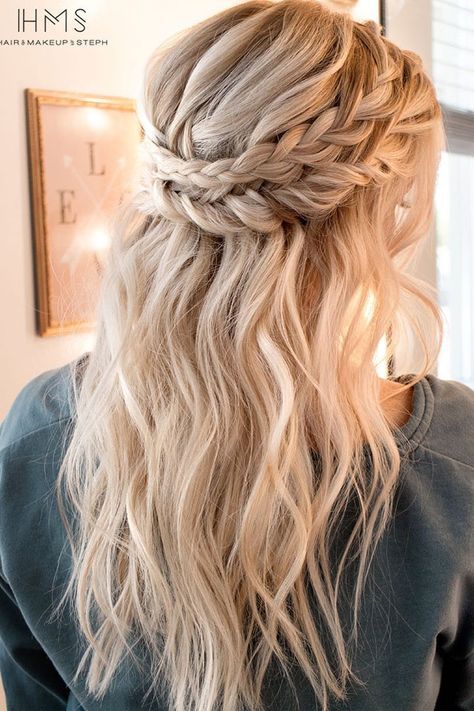 Crown braid with half up half down hairstyle inspiration .