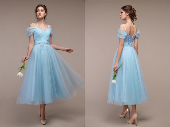 Light Blue Midi Chiffon Dress Wedding Guest Summer Dress - Et