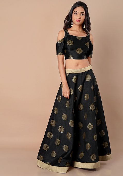 Buy Women Gold Border Silk Lehenga Skirt - Black Brocade .