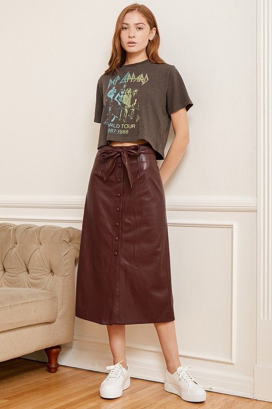 Simple Pleasures Burgundy Vegan Leather Button-Front Midi Skirt .