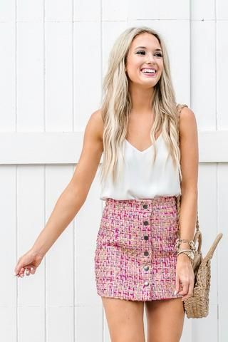 Allen' Pink Button Front Tweed Mini Skirt by Champagne & Chanel .