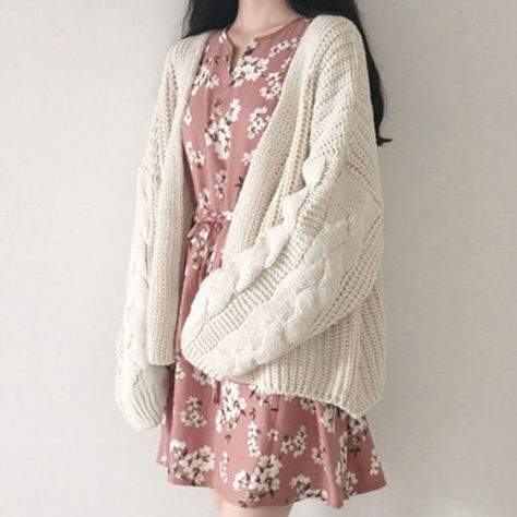 Korean fashion - pink floral dress and beige cardigan | Fashion .