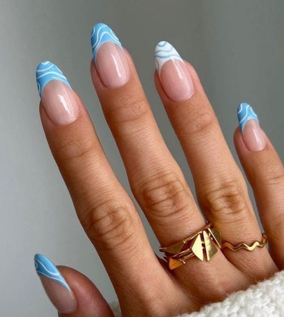 Light blue and icy blue French tips with swirls in 2023 | Summery .