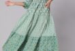 Green Floral Print Long Dress-4 Tiered-mix & Match Ethnic - Et