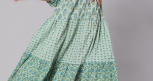 Green Floral Print Long Dress-4 Tiered-mix & Match Ethnic - Et