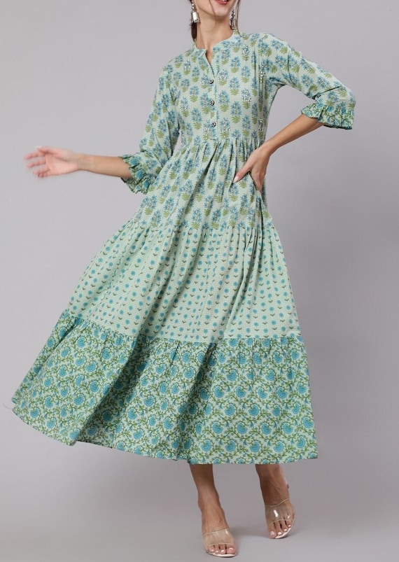 Green Floral Print Long Dress-4 Tiered-mix & Match Ethnic - Et