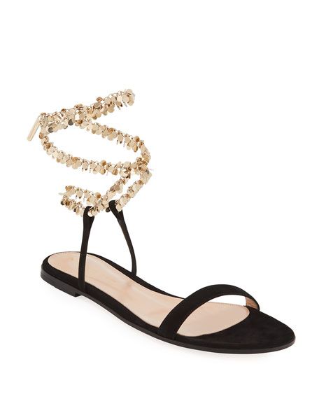 Gianvito Rossi Suede Chain Ankle-Wrap Flat Sandals | Sergio rossi .