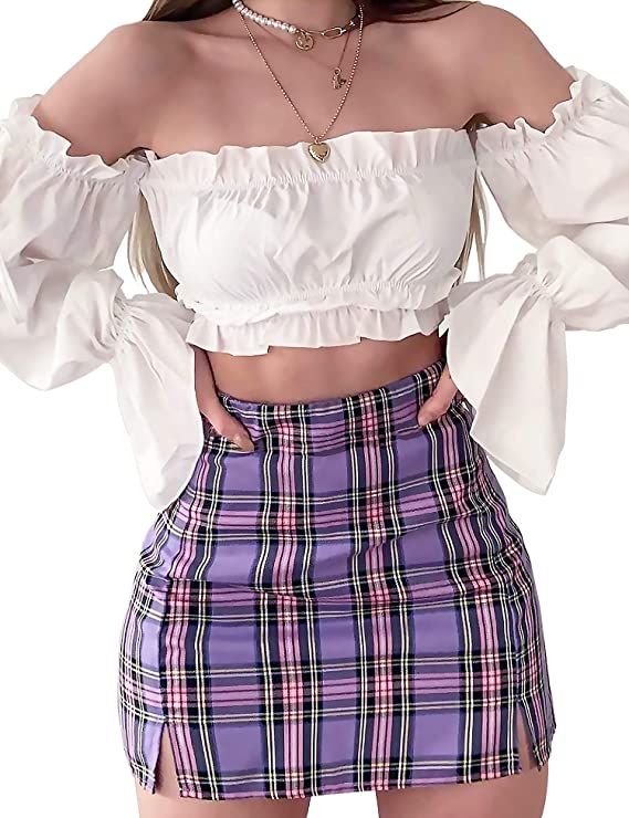 Plaid Mini Skirts for Women High Waisted Split Front Bodycon Skirt .