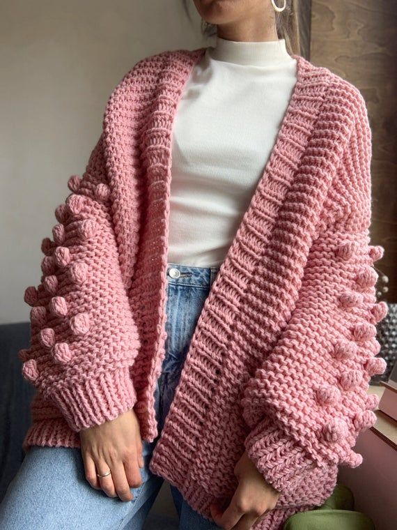 Chunky Knit Cardigan With Pockets Bubble Knit Sweater - Etsy .