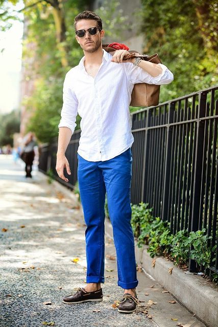 With white shirt, cobalt blue pants and brown bag | Stylish mens .