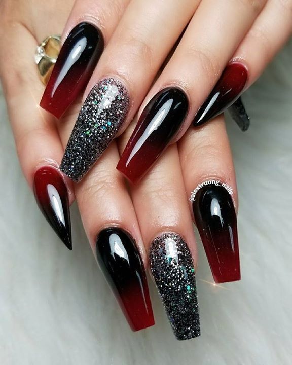 Red and Black Color Block Design | Black acrylic nail designs, Red .